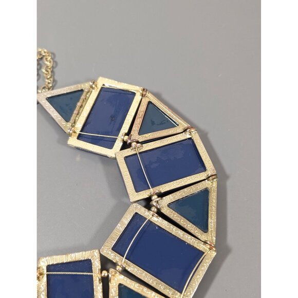 Blue Cabochon Statement Necklace Geometric Bold Gold Tone 18" - Picture 6 of 8